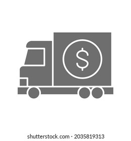 Money truck, transfer cash, banking car grey icon.