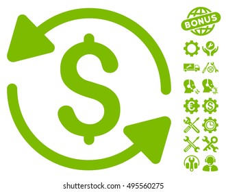 Money Turnover icon with bonus tools design elements. Vector illustration style is flat iconic symbols, eco green color, white background.