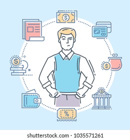 Money turnover - modern color line design style illustration on white background. Young businessman thinking about income, banking processes, savings. High quality image for your banner, presentation