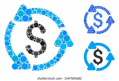 Money turnover mosaic of small circles in variable sizes and color tints, based on money turnover icon. Vector small circles are organized into blue composition.