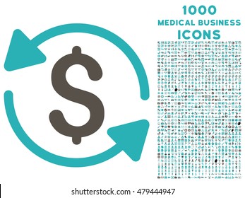 Money Turnover vector bicolor icon with 1000 medical business icons. Set style is flat pictograms, grey and cyan colors, white background.