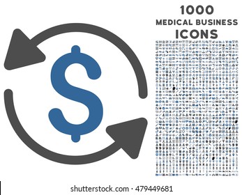 Money Turnover vector bicolor icon with 1000 medical business icons. Set style is flat pictograms, cobalt and gray colors, white background.