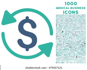Money Turnover vector bicolor icon with 1000 medical business icons. Set style is flat pictograms, cobalt and cyan colors, white background.
