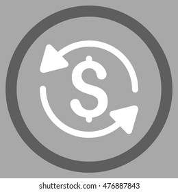 Money Turnover vector bicolor rounded icon. Image style is a flat icon symbol inside a circle, dark gray and white colors, silver background.