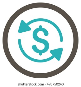 Money Turnover vector bicolor rounded icon. Image style is a flat icon symbol inside a circle, grey and cyan colors, white background.