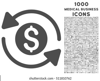 Money Turnover vector icon with 1000 medical business icons. Set style is flat pictograms, gray color, white background.