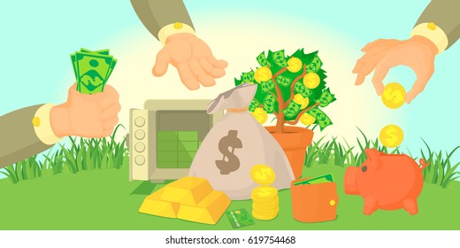 Money types horizontal banner concept. Cartoon illustration of money types vector horizontal banner for web