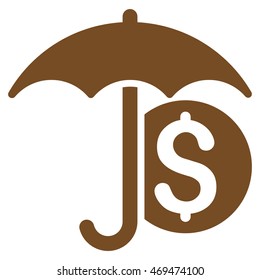 Money Umbrella Protection icon. Vector style is flat iconic symbol with rounded angles, brown color, white background.