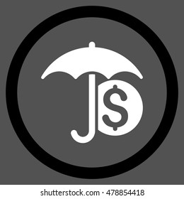 Money Umbrella Protection vector bicolor rounded icon. Image style is a flat icon symbol inside a circle, black and white colors, gray background.