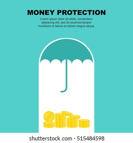 Money under protection concept. Money under the blue umbrella