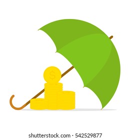 Money under protection, money under the umbrella, protection of the logo, a bank, an umbrella. Flat design, vector.