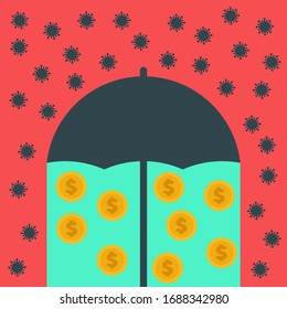 Money under umbrella. Abstract design concept with world coronavirus pandemic and crisis of global financial business system. Creative minimalistic cartoon composition. Vector illustration.