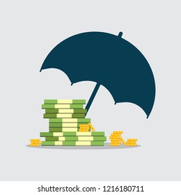 Money under umbrella. Concept of money protection, financial savings insurance. Umbrella, golden coins and big pile of cash.