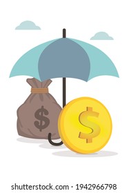 Money under a umbrella. Concept of wealth and risk protection. Flat Isolated Vector Illustration.