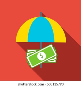 Money under umbrella icon. Flat illustration of money under umbrella vector icon for web