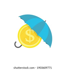 Geld unter einem Schirm, Vektorgrafik. Konzept des Geldschutzes, der finanziellen Sparversicherung. Gelber Regenschirm, goldene Münzen und ein großer Stapel Bargeld.