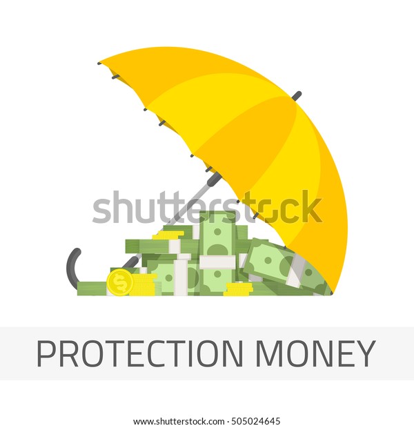傘の下のお金のベクターイラスト お金を守るという考え方 お金貯蓄保険 黄色い傘 金貨 大きな山の現金 のベクター画像素材 ロイヤリティフリー