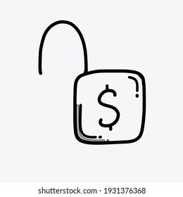 Icono de vector de desbloqueo de dinero. Línea dibujada a mano en la ilustración del esbozo de dibujo.