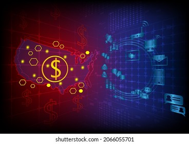 money us dollar icon on technology with america map Concept for digital dollar, finance and banking, Technology Communications, Financial Networks, Global Communications.