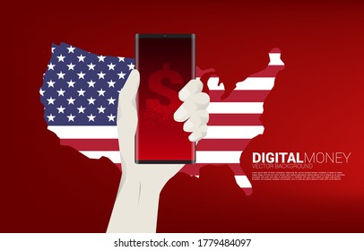  money USA dollar currency icon on mobile phone in hand with america map. Concept for digital dollar financial and banking.