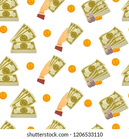 Money USD cash, American dollar banknotes and coins seamless pattern isolated on white background vector.