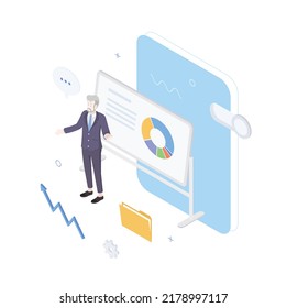 Dinero, ux, ui, gráfico, gráfico, diagrama, presentación, hoja de cálculo, economía, finanzas, tecnología. Isometric vector ilustración diseño plano aislado.