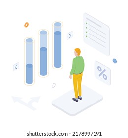 Geld, ux, ui, Diagramm, Diagramm, Diagramm, Darstellung, Tabelle, Wirtschaft, Finanzen, Technologie. Isometrisches Vektorgrafik-Flachdesign einzeln.