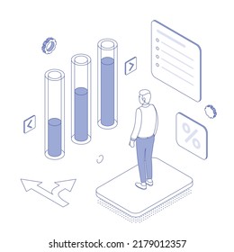 Money, ux, ui, chart, graph, diagram, presentatnion, spreadsheet, economy, finance, technology. Isometric vector illustration flat design isolated. Outline, linear style, line art, editable stroke.