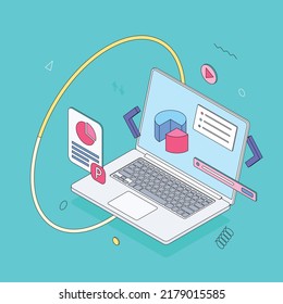Money, ux, ui, chart, graph, diagram, presentatnion, spreadsheet, economy, finance, technology. Isometric vector illustration flat design isolated. Outline, linear style, line art, editable stroke.