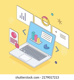 Money, Ux, Ui, Chart, Graph, Diagram, Presentatnion, Spreadsheet, Economy, Finance, Technology. Isometric Vector Illustration Flat Design Isolated. Outline, Linear Style, Line Art, Editable Stroke.