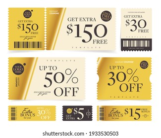 Money value or percentage discount bonus coupon template set. Get extra prize 150, 30, 15, 5 dollar free and 50 percent price off ticket vector illustration isolated on white background