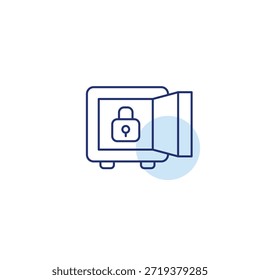 Geldtresor und Schloss. Kontrollierter Zugriff, sicheres Speichermanagement. Pixel perfekt, bearbeitbares Strichvektorsymbol