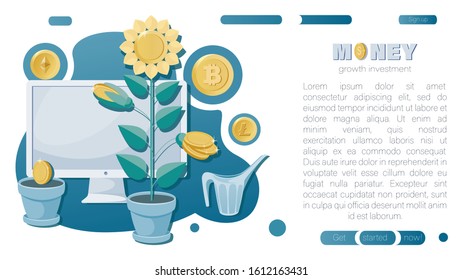 Money vector background. Bitcoin, Litecoin, Ethereum. Mining cryptocurrency. Money tree, gold coins and computer. Landing page concept about business and finance. Vector illustration.