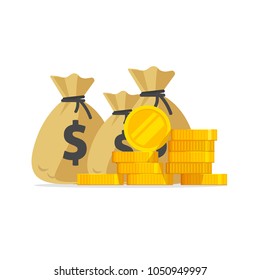 Money vector, big pile or stack of gold coins and cash in bags, a lot of money isolated, idea of wealth, richness or success investment, treasure or rich prize, earnings or savings income flat cartoon