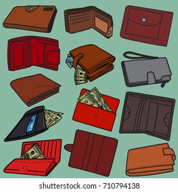Money vector color drawings collection. Wallets, paper banknotes.