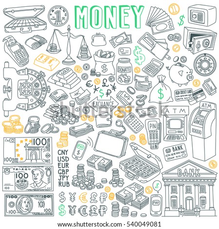 Money vector drawings collection isolated on white background. Different coins, paper banknotes, currency signs and traditional symbols of banking and finance. 