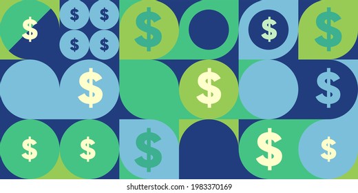 Money. Vector Flat Illustration. Simple Background Illustration About Money, Finance And Business. Funny Cartoon Style. Abstract Geometric Patterns. Perfect For Social Banner, Cover, Poster Or Flyer.