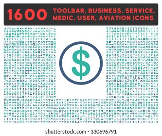 Money vector icon and 1600 other business, service tools, medical care, software toolbar, web interface pictograms. Style is bicolor flat symbols, cobalt and cyan colors, rounded angles, white
