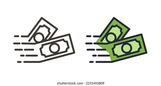 Money vector icon. Bank note Dollar bill flying from sender to receiver. Design illustration for money, wealth, investment and finance concepts. 2 Different styles, thin line and filled outline