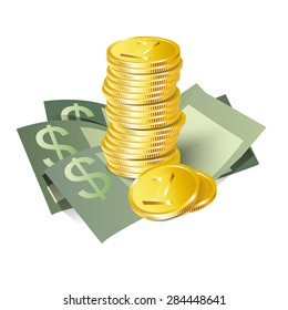 Money vector  icon, banknotes and coins, isolated on white background