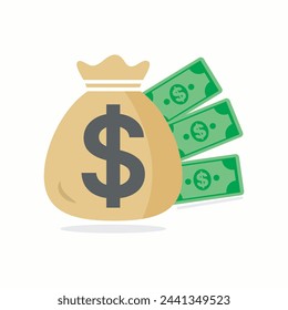 Money vector icon design, cash bag with dollar currency money notes 