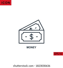 Icono del vector de dinero en fondo blanco. Icono de línea de ilustración para gráficos, interfaces de medios impresos y diseño web.