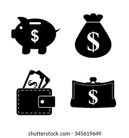 money - vector icon, set  - money bag, Piggy bank, Purse and Wallet