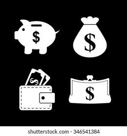 money - vector icon, set  - money bag, Piggy bank, Purse and Wallet