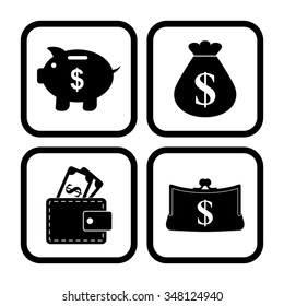 money - vector icon, set  - money bag, Piggy bank, Purse and Wallet
