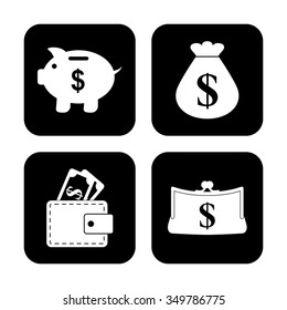 money - vector icon, set  - money bag, Piggy bank, Purse and Wallet