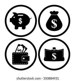 money - vector icon, set  - money bag, Piggy bank, Purse and Wallet