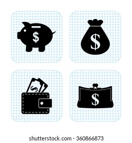 money - vector icon; set  - money bag; Piggy bank;  Purse and Wallet