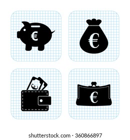 money - vector icon; set  - money bag; Piggy bank;  Purse and Wallet