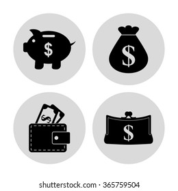 money - vector icon; set  - money bag; Piggy bank;  Purse and Wallet